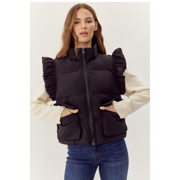 RUFFLE SLEEVE PUFF VEST IN BLACK-Body and Sol
