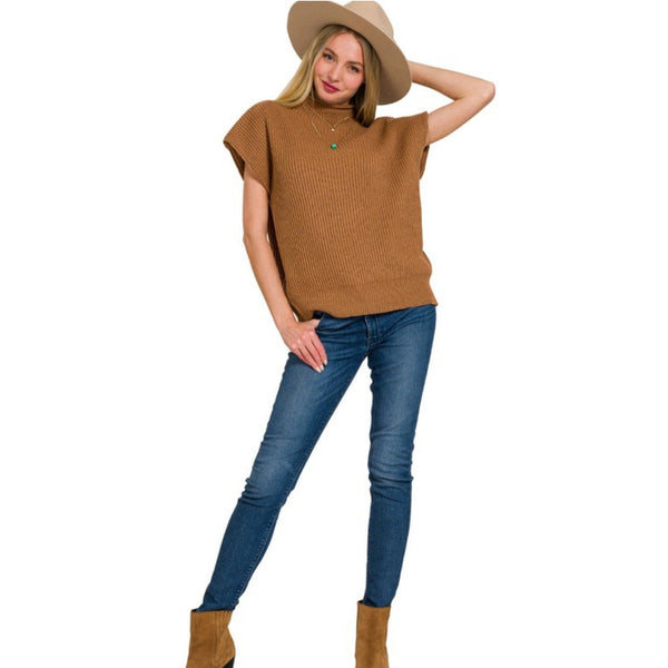 SHELLY'S SHORT SLEEVE SWEATER- Deep Camel-Body and Sol