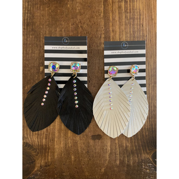 LEATHER FEATHER BLING EARRINGS-Body and Sol