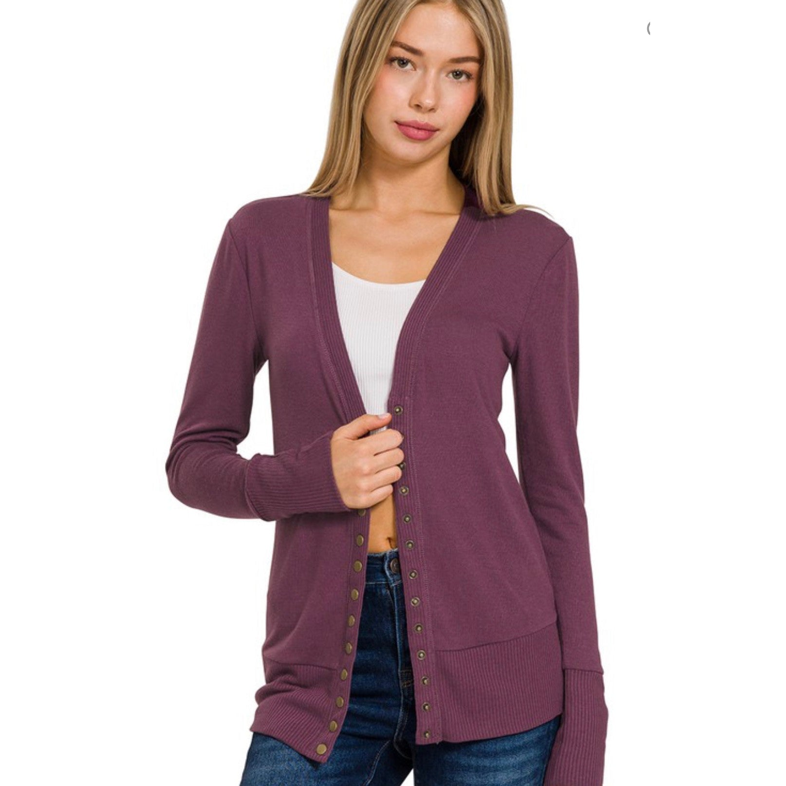 BLAYNE'S BUTTON UP CARDIGAN- Eggplant-Body and Sol