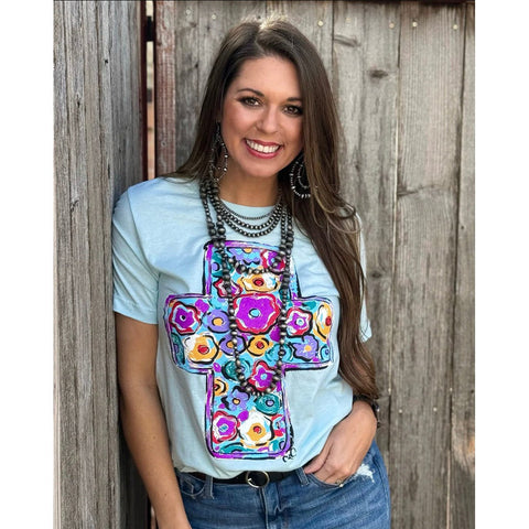 CALLIE'S FLORAL CROSS TEE-Top-Body and Sol