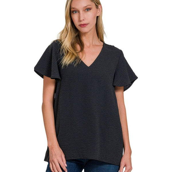 FLUTTER SLEEVE TOP IN BLACK-Body and Sol