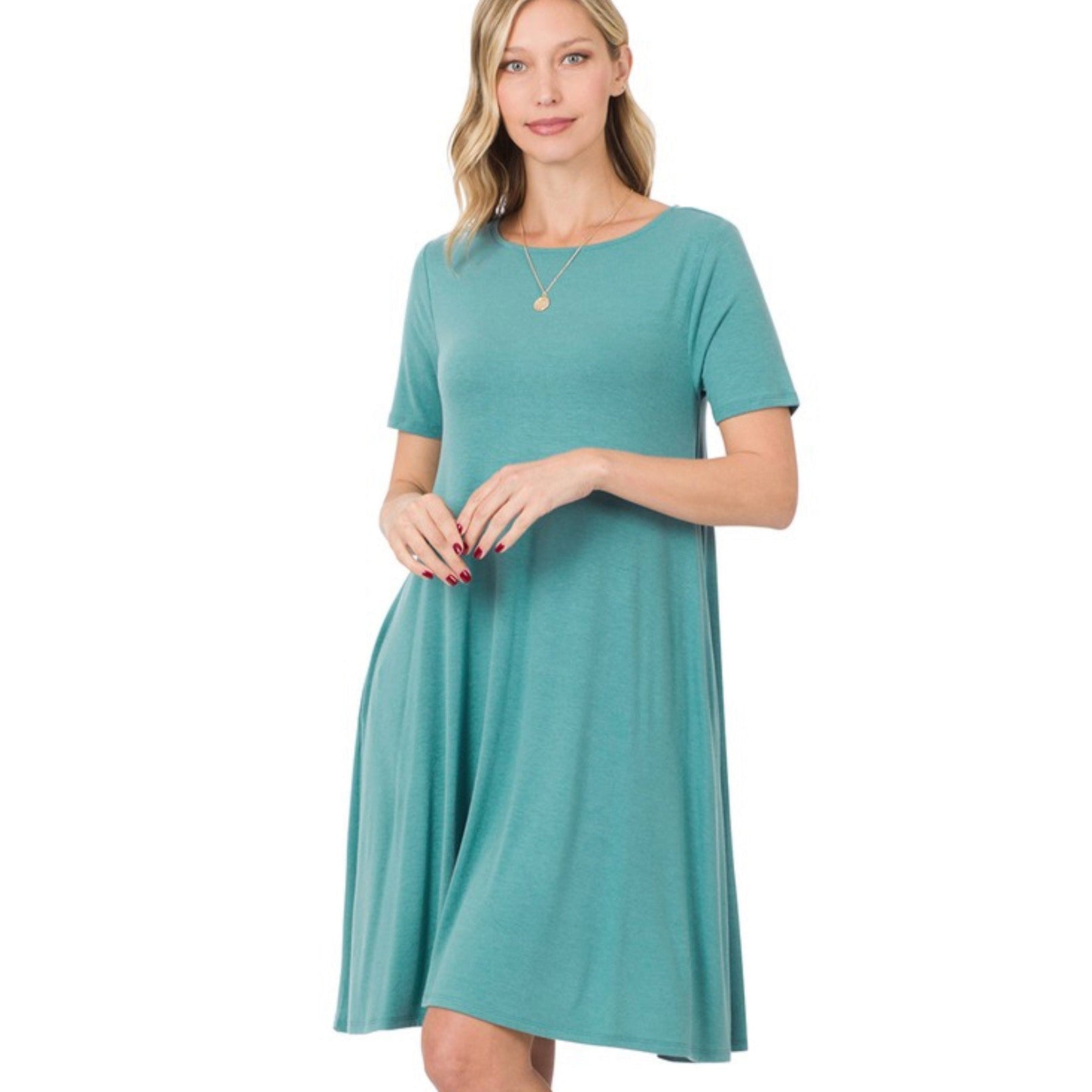 SHORT SLEEVE DRESS WITH POCKETS- Dusty Teal-Body and Sol