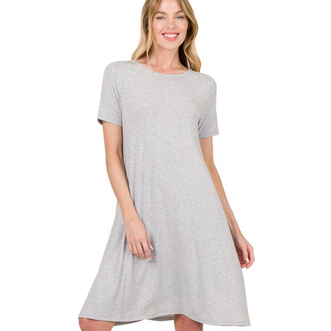 SHORT SLEEVE DRESS WITH POCKETS- HEATHER GREY-Body and Sol