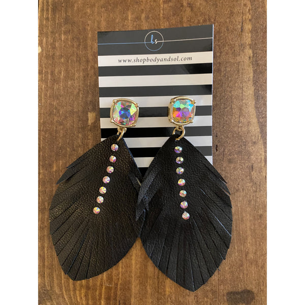 LEATHER FEATHER BLING EARRINGS-Body and Sol