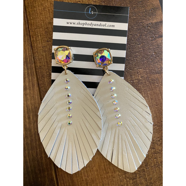 LEATHER FEATHER BLING EARRINGS-Body and Sol