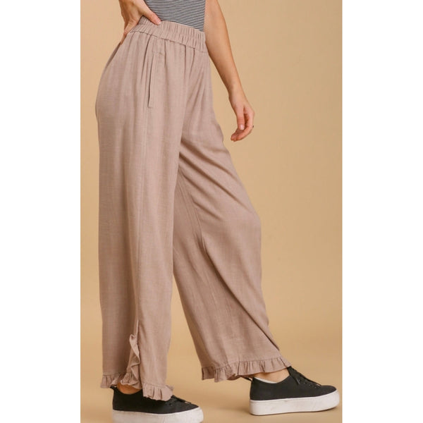 TAUPE RUFFLE HEM LINEN PANTS-Body and Sol
