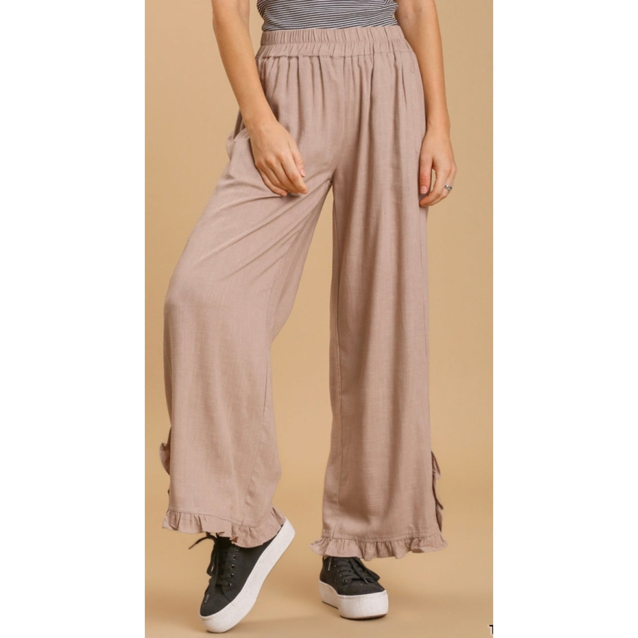 TAUPE RUFFLE HEM LINEN PANTS-Body and Sol